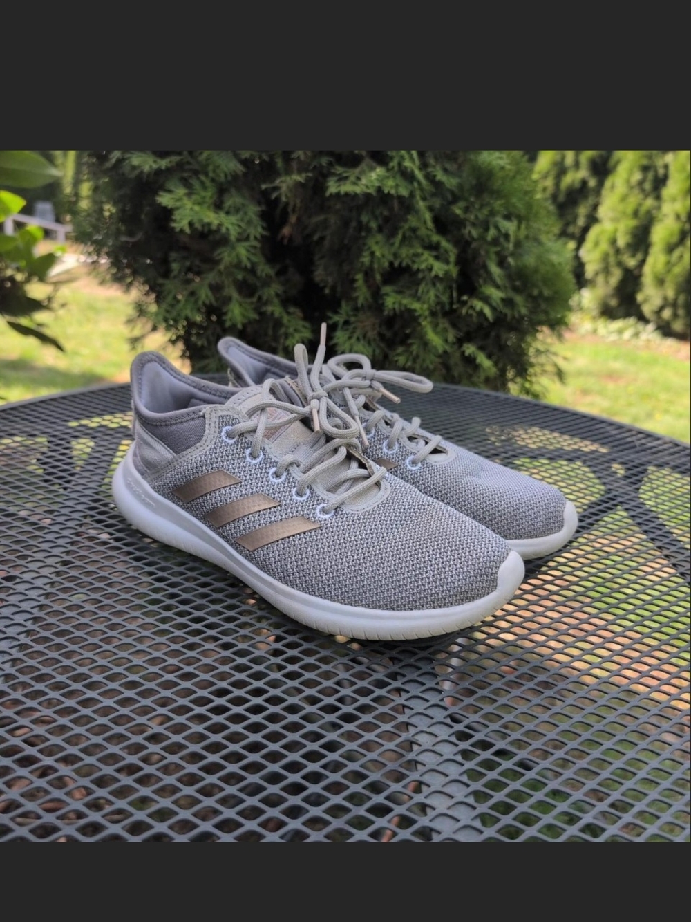 adidas Women's Light Gray Knit Sneakers with Metallic Gold Stripes